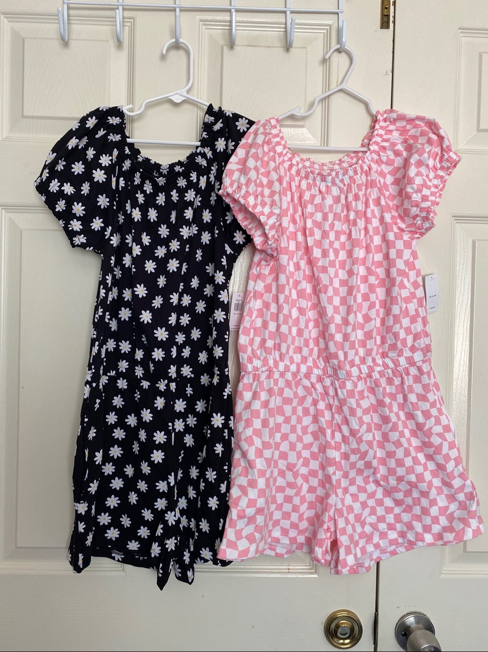 Back to school Old Navy Pink & White Checker & Black & Daisies rompers 10-12